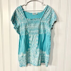 Cato Shirt Blue Embroidered Short Sleeve Squared Neck Cotton Size 22/24W